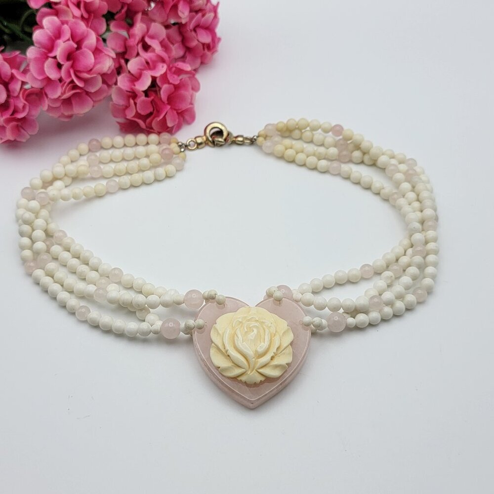 Cream Agate Carved Rose Large Rose Quartz Heart Pendant Beaded Necklace 18.5"